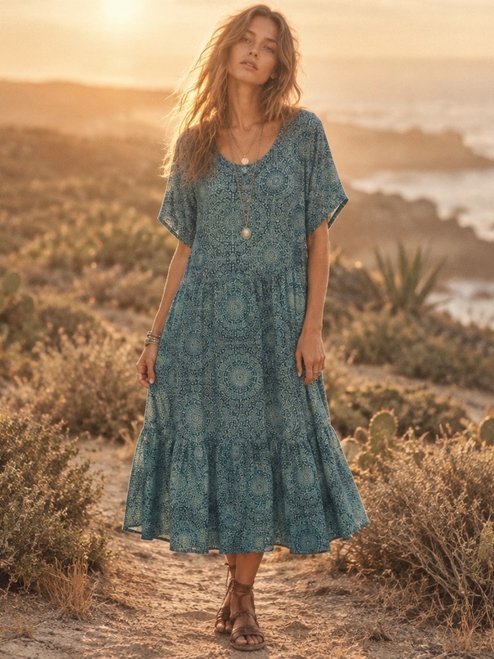 Comfort Code Geometric Maxi Dress in Blue & Green Size 3X Like New